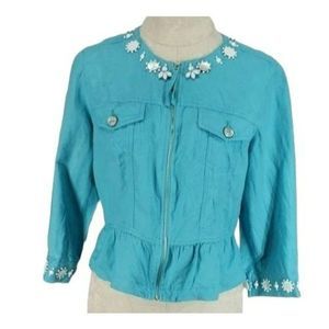 Ruby Rd Women's Blue Beaded‎ Half Peplum Zip Up Rayon Linen Jacket Size 8